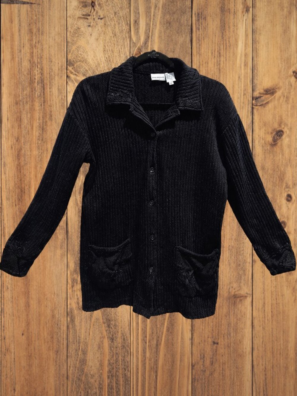 Newport News Easy Style Black Ribbed Lacey Embroidered Sweater - M